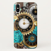 Coques Case-Mate iPhone Steampunk Clock and Turquoise Roses on Striped (Dos)