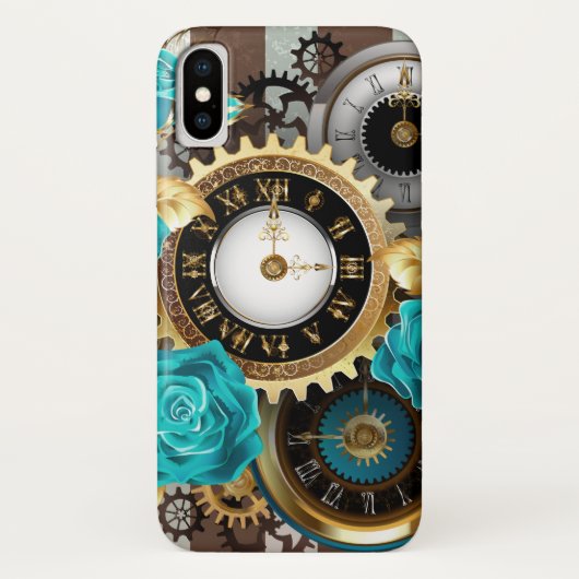 Coques Case-Mate iPhone Steampunk Clock and Turquoise Roses on Striped (Dos)