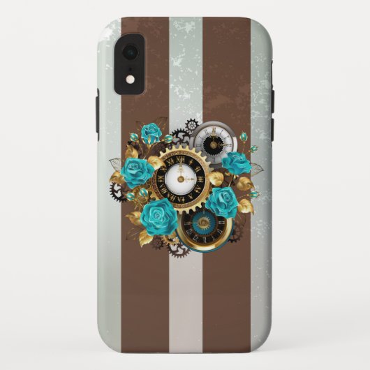 Coques Case-Mate iPhone Steampunk Clock and Turquoise Roses on Striped (Dos)