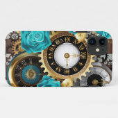 Coques Case-Mate iPhone Steampunk Clock and Turquoise Roses on Striped (Dos (Horizontal))