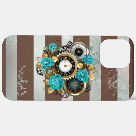 Coques Case-Mate iPhone Steampunk Clock and Turquoise Roses on Striped (Verso / Droite)