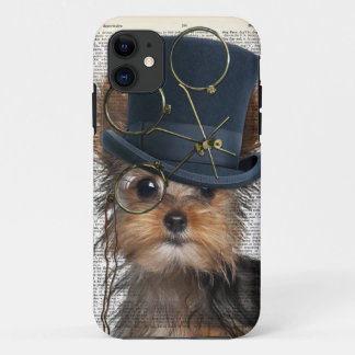 Coque iPhone 11 Steampunk Yorkie à une page vintage de