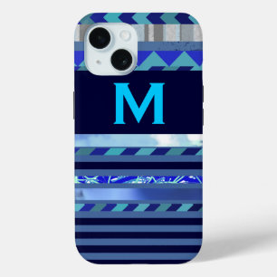 Coque Pour iPhone 15 stripes & turquoise blue M custom initial