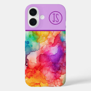Coques iPhone 16 Style Abstrait d'encre d'alcool Rainbow Monogramme