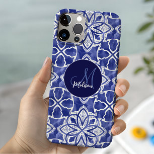 Coque Pour iPhone 14 Stylé girly bleu gris monogrammé initiales