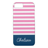 Coques Case-Mate iPhone Stylé rose rayures Nom bleu (Dos)