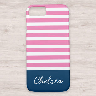 Coque iPhone 8/7 Stylé rose rayures Nom bleu