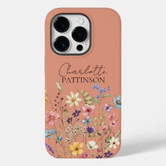 Coque Pour iPhone 14 Pro Stylish Botanical Wildflower Monogram Peach