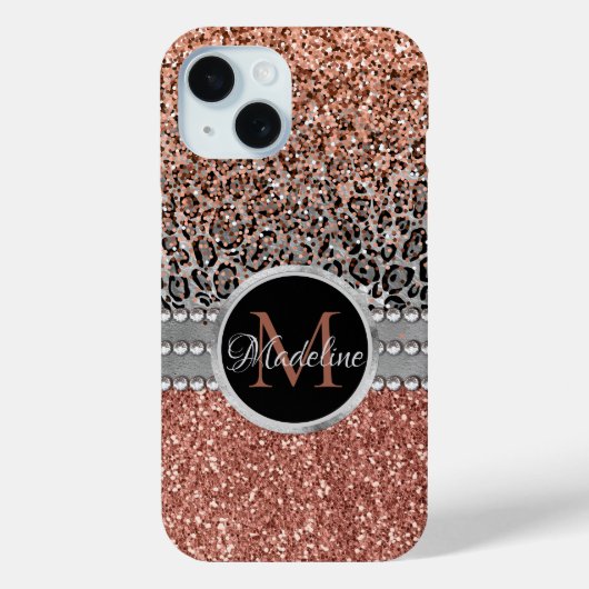 Coques Case-Mate iPhone Stylish Girly Rose Gold Glitter Leopard Monogram (Verso)
