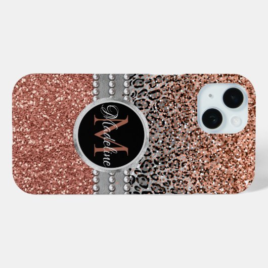 Coques Case-Mate iPhone Stylish Girly Rose Gold Glitter Leopard Monogram (Verso (horizontal))
