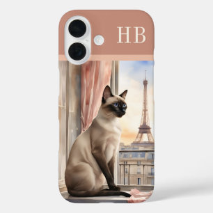 Coques iPhone 16 Stylish Siamese Chat Monogramme Personnalisé
