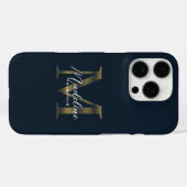 Coques Case-Mate iPhone Stylist Script Metallic Navy Blue Gold Monogram (Verso (horizontal))