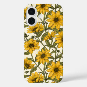Coques iPhone 16 Sunroot, tournesol sauvage sur blanc