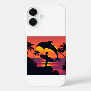 Coques iPhone 16 Sunset Dolphin et Surfer Tropical Beach Téléphone
