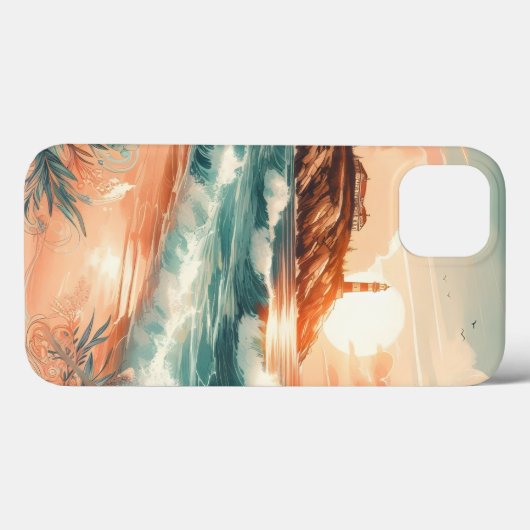 Coques Case-Mate iPhone Sunset Lighthouse Ocean Beach Boho Floral (Verso (horizontal))