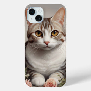 Coque iPhone 15 Mini Superbe chat américain à cheveux courts avec Rose