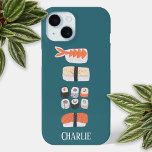 Coque Pour iPhone 15 Sushi personnalisé<br><div class="desc">Sushi japonais personnalisé,  maki roll et nigiri art alimentaire. Protégez et faites de votre téléphone fabuleux en même temps. Art original de Nic Squirrell. Modifiez ou supprimez le nom à customiser.</div>