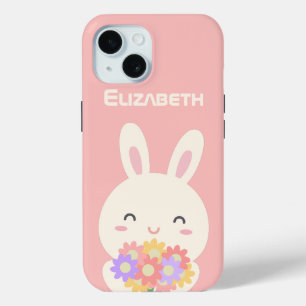 Coque Pour iPhone 15 Sweet Little Bunny & Flowers Nom personnalisé Pink