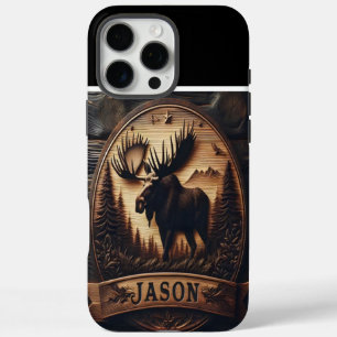 Coques iPhone 16 Pro Max Symbole d'orignal sculpté avec nom
