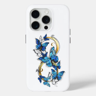 Coque iPhone 15 Pro Symbole Infini de Papillons Morpho Bleus