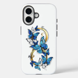 Coques iPhone 16 Symbole infini de papillons Morpho bleus