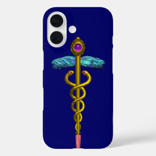 Coques iPhone 16 SYMBOLE MÉDICALE D'OR CADUCUS, Bleu