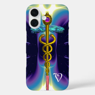 Coques iPhone 16 SYMBOLE MÉDICALE D'OR CADUCUS, Monogramme bleu vio