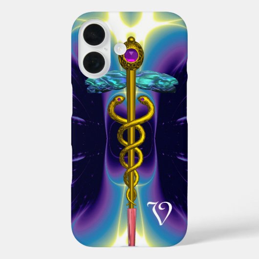 Coques Case-Mate iPhone SYMBOLE MÉDICALE D'OR CADUCUS, Monogramme bleu vio (Verso)