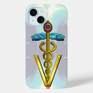 Coque Pour iPhone 15 SYMBOLE VÉTÉRINAIRE DE CADUCE D'OR Bleu CLAIR Turq