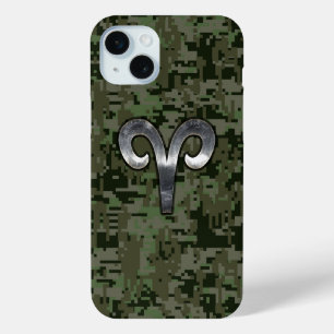 Coque iPhone 15 Mini SYMBOLE Zodiaque Aries Camouflage numérique Woodla