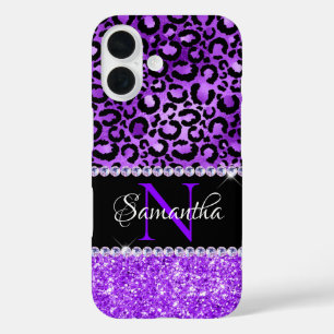 Coques iPhone 16 Taches de léopard noir et violet Glam Monogramme