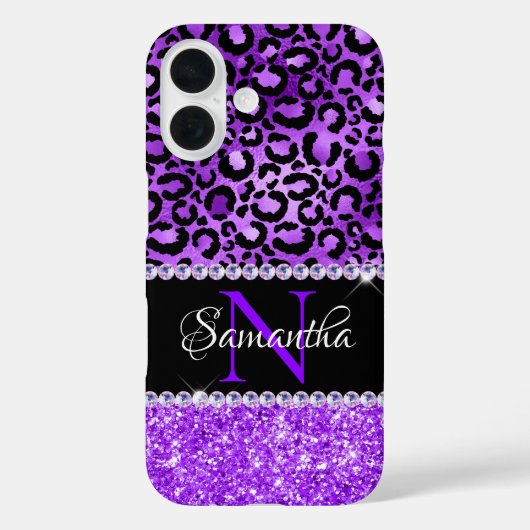 Coques Case-Mate iPhone Taches de léopard noir et violet Glam Monogramme (Verso)
