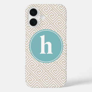 Coques iPhone 16 Tan & Aqua Motif clé grecque Monogramme