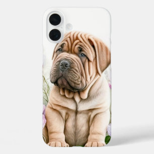 COQUES iPhone 16 PLUS TAN SHAR PEI POPPY CHIEN EN FLEUR SAUVAGE