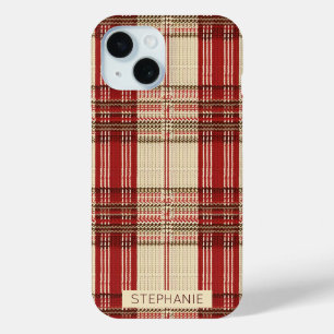 Coque Pour iPhone 15 Tartan à carreaux en tricot marron rouge Crème Coz