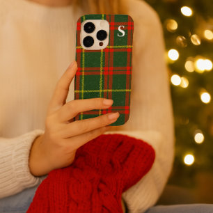 Coques iPhone 16 Pro Tartan à carreaux rouge et vert avec monogramme