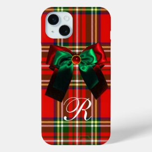 COQUE iPhone 15 MINI TARTAN ÉCOSSAIS ET ROUGE GREEN BOWS NOËL PARTI