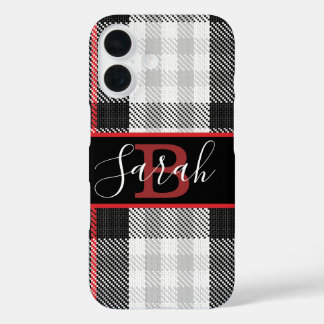 Coques iPhone 16 Tartan noir et gris À damiers police rouge