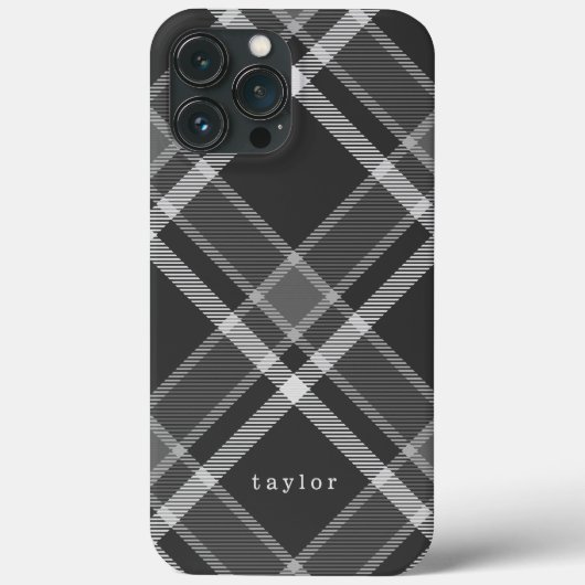 Coques Case-Mate iPhone Tartan noir et gris rustique avec nom (Verso)