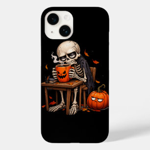 Coque Pour iPhone 14 Tasse de Squelette Buvant une Citrouille Halloween