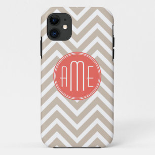 Coque iPhone 11 Taupe élégant et monogramme personnalisé corail