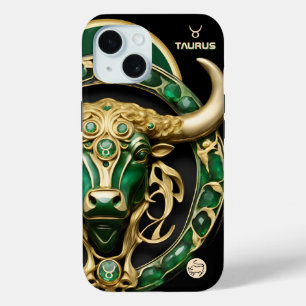 Coque Pour iPhone 15 Taurus Bull, Emerald et Gold Personnalisé