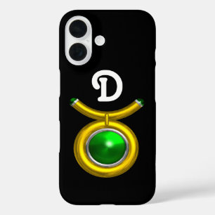 COQUES iPhone 16  TAURUS /OR, ÉMERAUDE VERT ZODIAC JEWEL MONOGRAMME