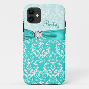 Coque iPhone 11 Teal et ruban et diamant élégants blancs de Faux