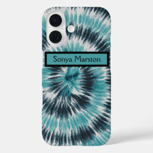 Coques iPhone 16 Teinte rétro sarcelle bleu et noir Tie Dye Spirale