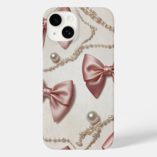 Coque Pour iPhone 14 Téléphone à rubans roses et perles esthétique Coqu