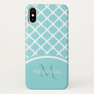 Coque iPhone X Tendance Grande Aqua Quatrefoil Monogramme et Nom