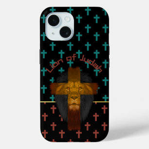 Coque Pour iPhone 15 Tendance Noir Rouge Turquoise Croix Lion de Juda
