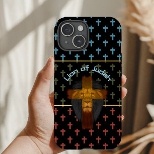 Coque Pour iPhone 15 Tendance Noir Rouge Vert Olive Croix Lion de Juda