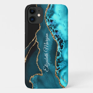 Case-Mate iPhone Case Tendance Turquoise, Noir et Agate Dorée & Nom DIY